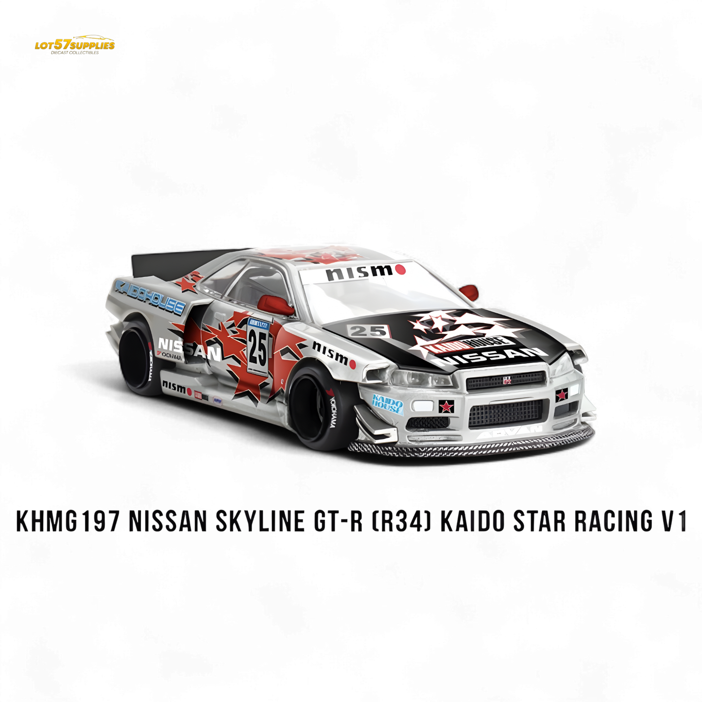 Mini GT Nissan Skyline GT-R R34 Kaido Star Racing V1 diecast model, detailed 1:64 scale car from Lot57Supplies Diecast Shop.