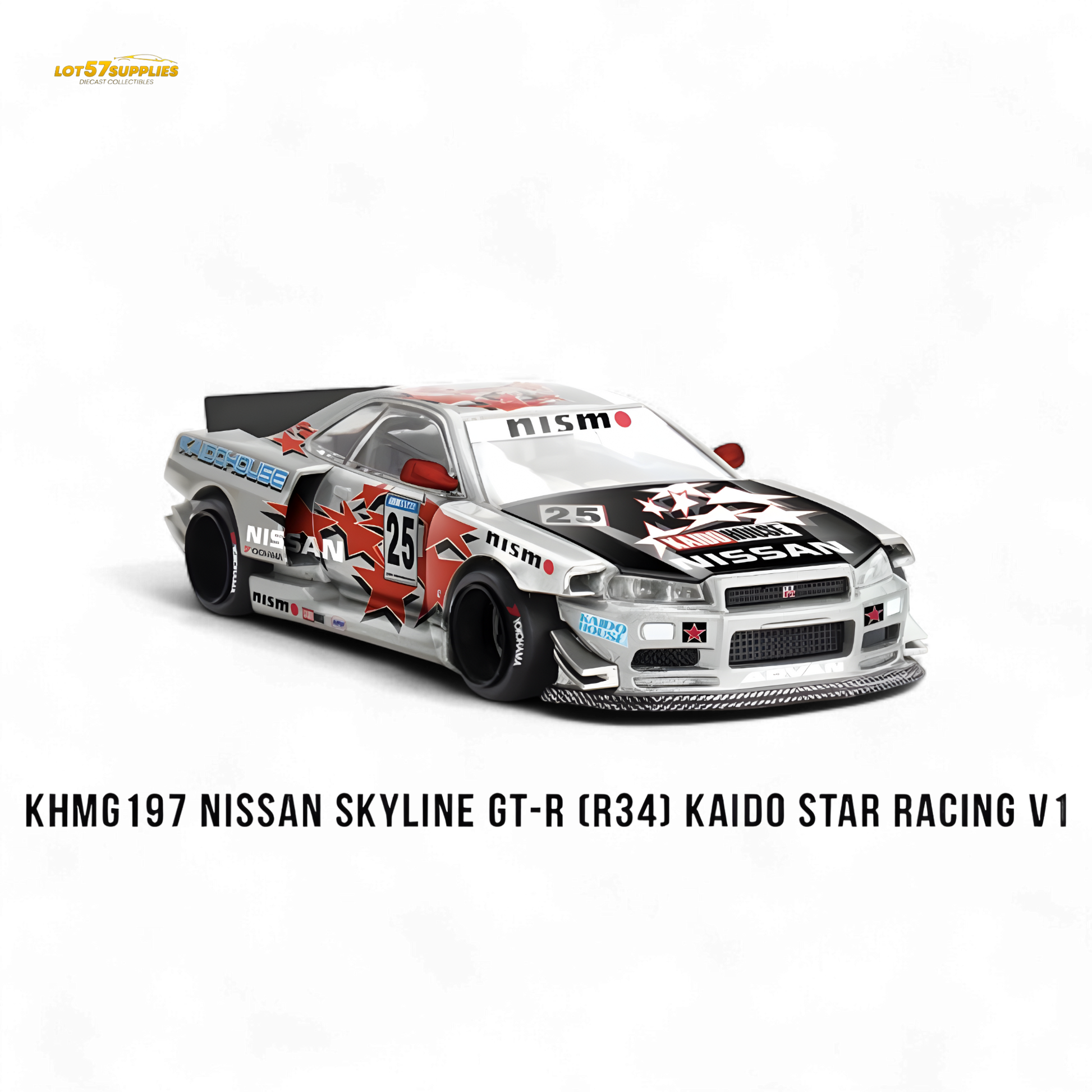 Mini GT Nissan Skyline GT-R R34 Kaido Star Racing V1 diecast model, detailed 1:64 scale car from Lot57Supplies Diecast Shop.
