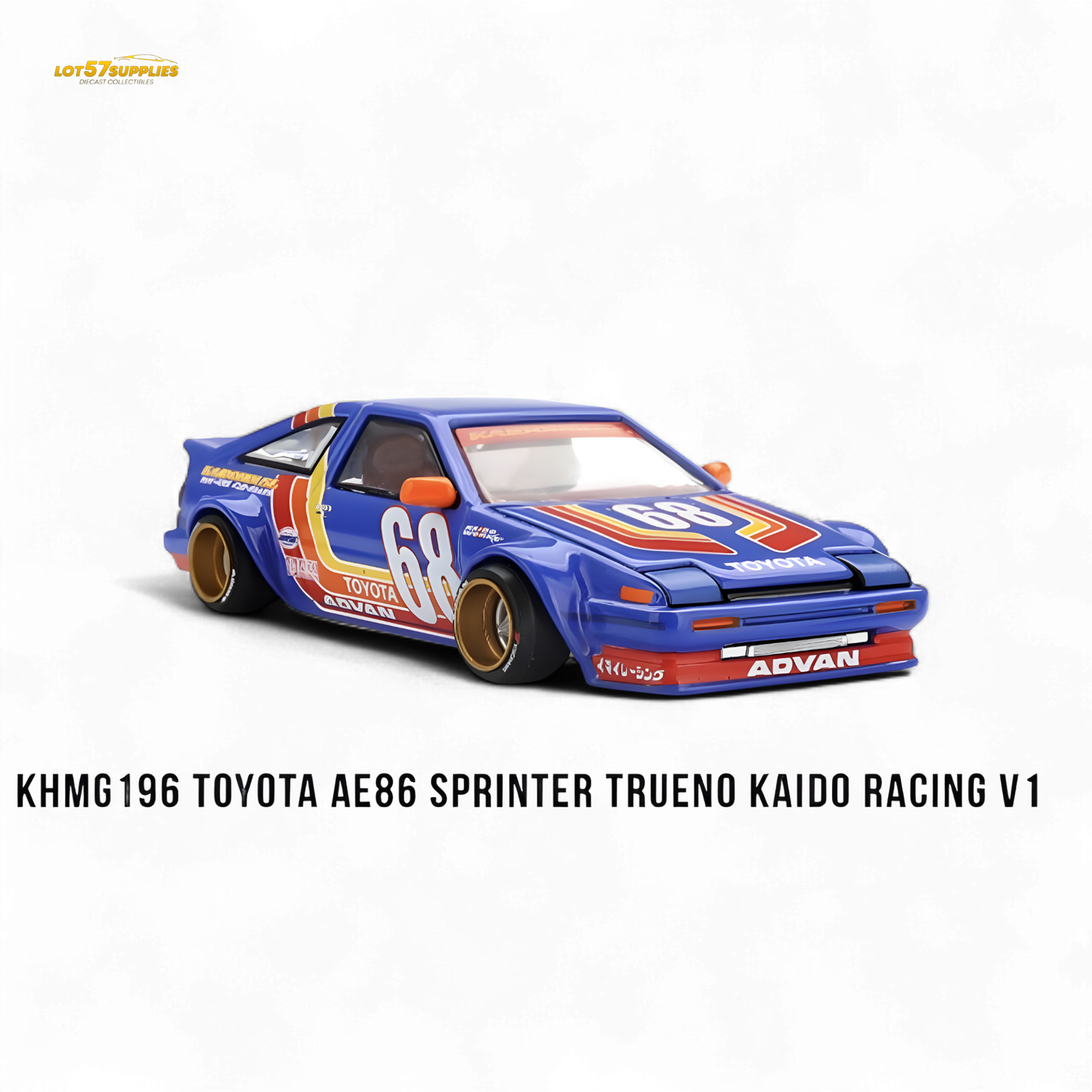 Mini GT Toyota AE86 Sprinter Trueno Kaido Racing V1 diecast model in blue, detailed 1:64 scale collectible car on a white background.