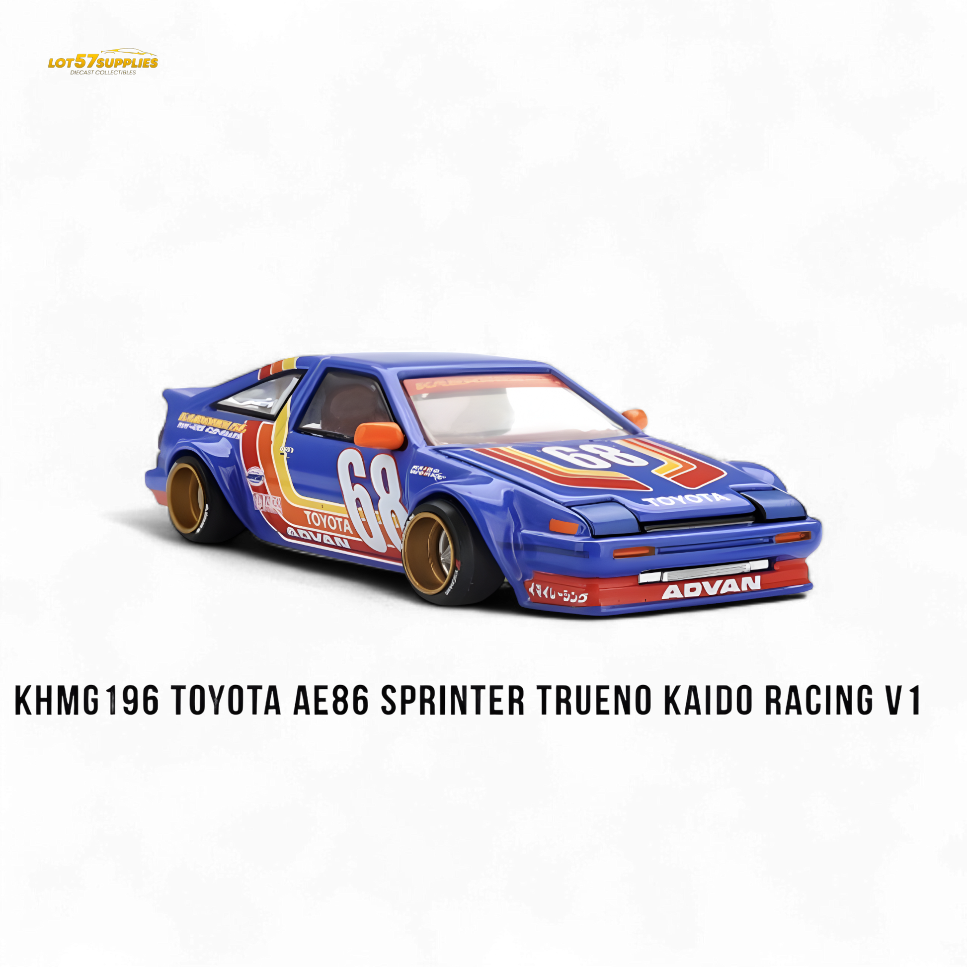 Mini GT Toyota AE86 Sprinter Trueno Kaido Racing V1 diecast model in blue, detailed 1:64 scale collectible car on a white background.