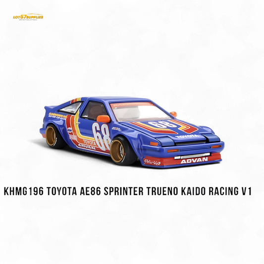Mini GT Toyota AE86 Sprinter Trueno Kaido Racing V1 diecast model in blue, detailed 1:64 scale collectible car on a white background.
