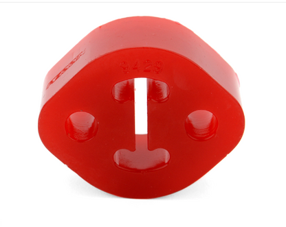 JDMuscle Perrin 08-25 WRX/STI 12mm red exhaust hanger mounted on car exhaust system, close-up view of durable rubber hanger.
