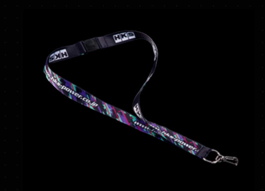 HKS Premium Oil Pattern Safety Neck Strap by FR SPORT, 25mm x 430mm, featuring oil pattern design for automotive safety accessory.