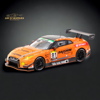 Diecast Nissan GT-R R35 NISMO GT3 model by Tarmac Works, 1:64 scale, detailed silver and blue racing car.