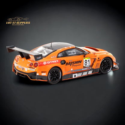 Nissan GT-R R35 NISMO GT3 diecast model by Tarmac Works, detailed 1:64 scale Nissan racing car on a plain background.