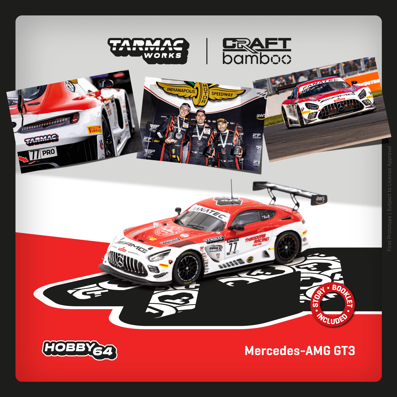 Mercedes-Benz AMG GT3 diecast model from Tarmac Works, celebrating the 2022 Indianapolis 8h race winner, 1:64 scale.