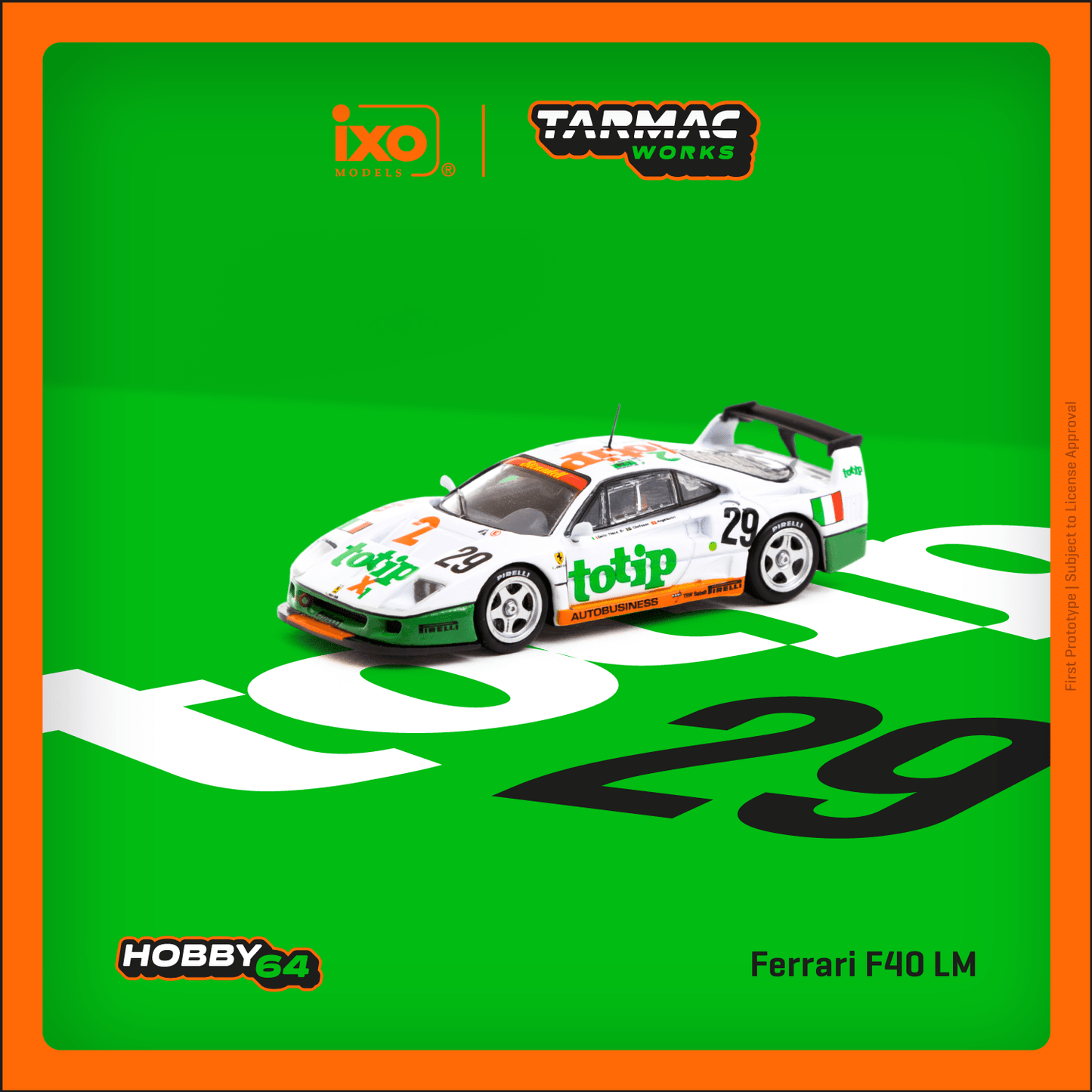 Detailed image of a Tarmac Works Ferrari F40 LM diecast model in 1:64 scale, showcasing the car's sleek design and vibrant paint.