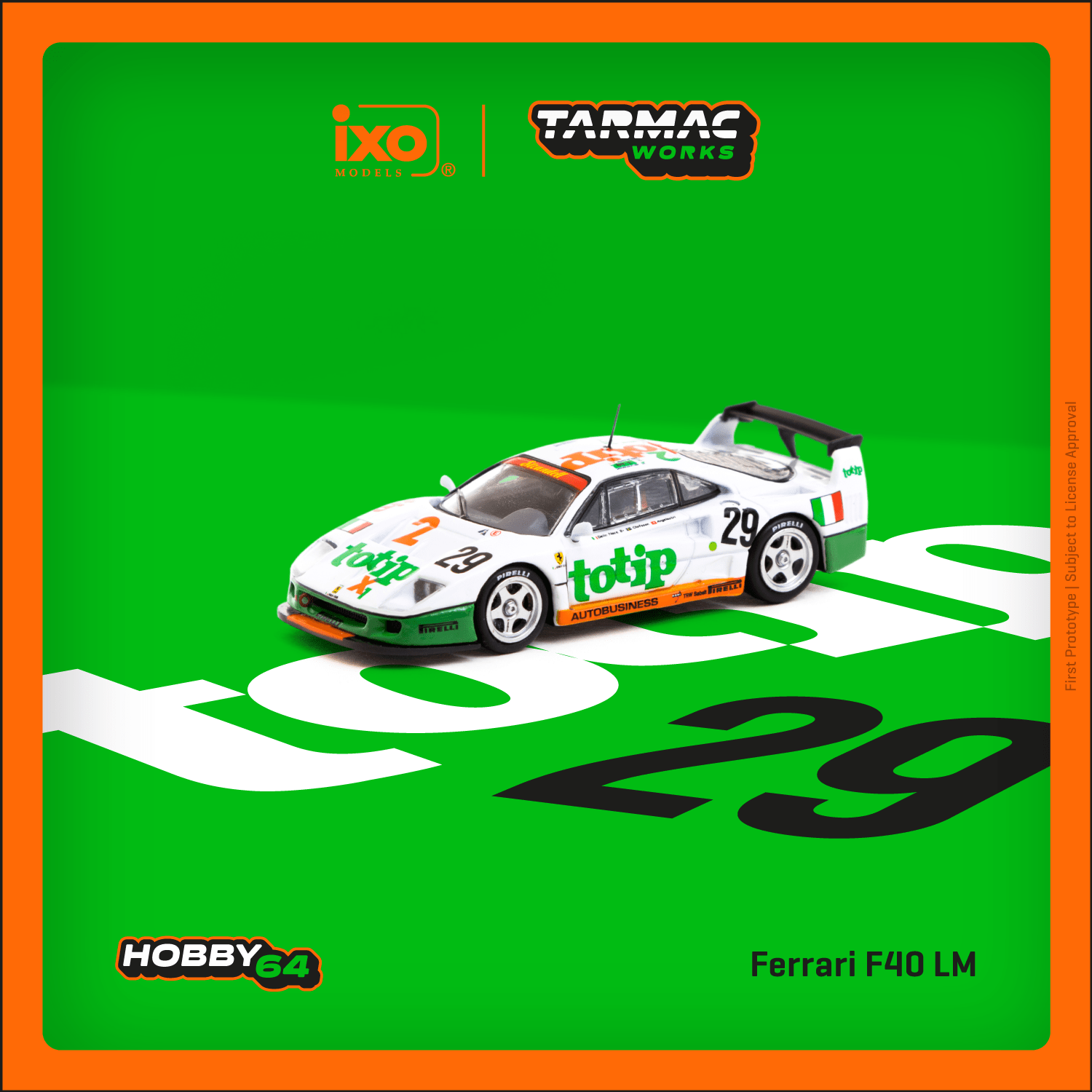 Detailed image of a Tarmac Works Ferrari F40 LM diecast model in 1:64 scale, showcasing the car's sleek design and vibrant paint.