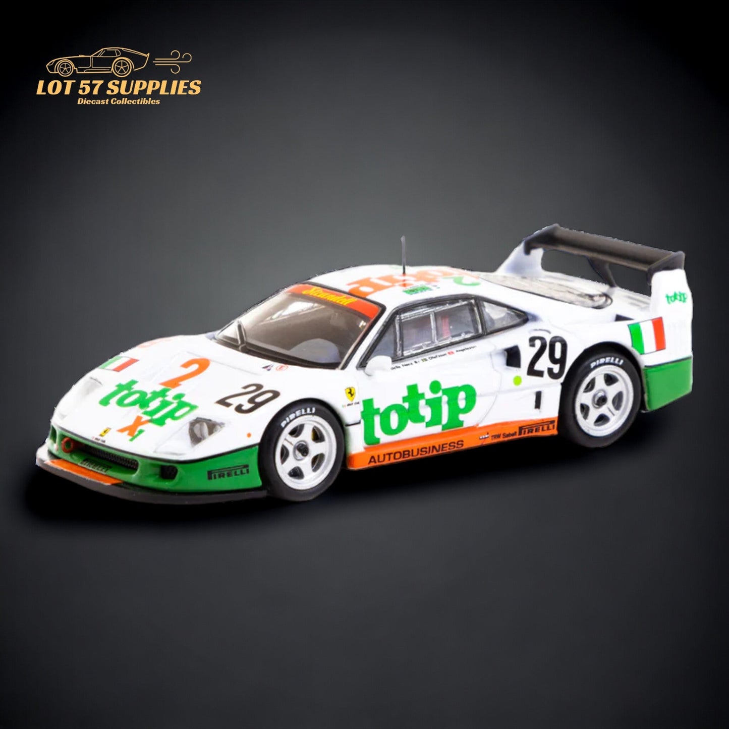 Diecast Ferrari F40 LM model by Tarmac Works in 1:64 scale, detailed replica featuring realistic Ferrari design.