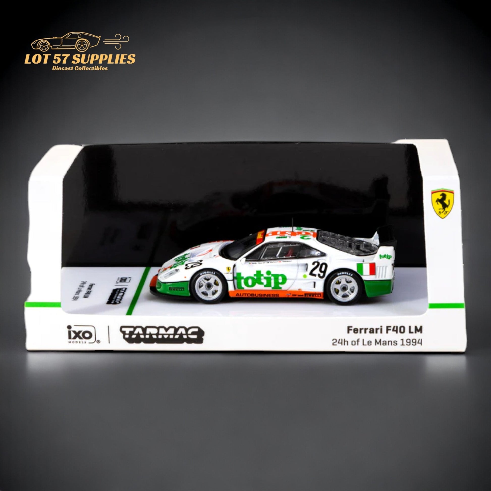 Detailed view of a Ferrari F40 LM diecast model in 1:64 scale by Tarmac Works, showcasing the sleek design and vibrant colors.