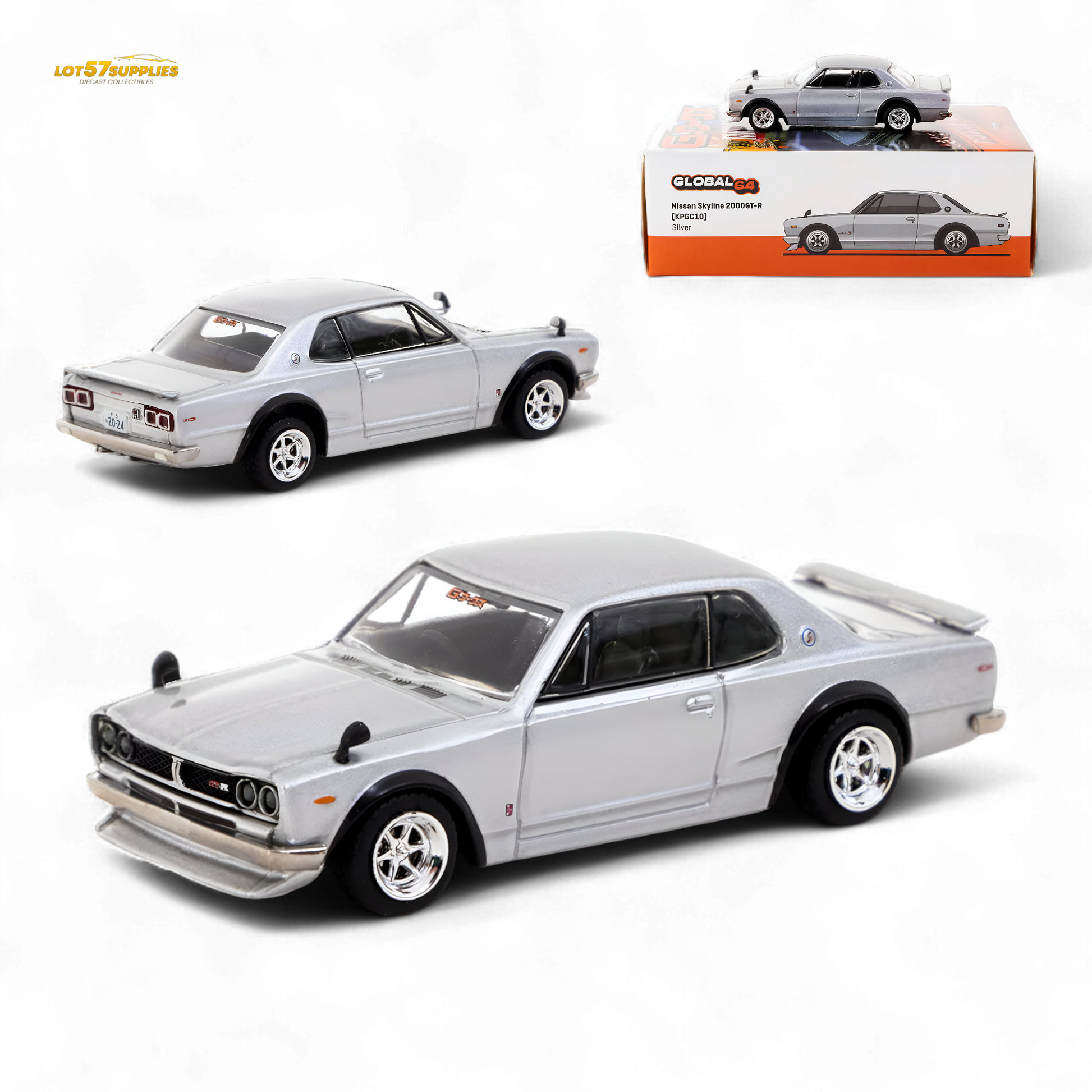 Silver Tarmac Works Nissan Skyline 2000 GT-R diecast model, 1:64 scale, detailed miniature collectible.