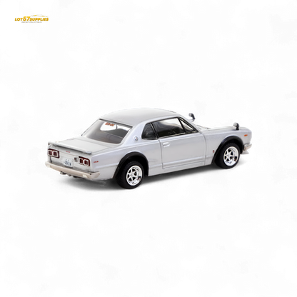 Silver Tarmac Works Nissan Skyline 2000 GT-R diecast model in 1:64 scale, showcasing detailed exterior and authentic design.
