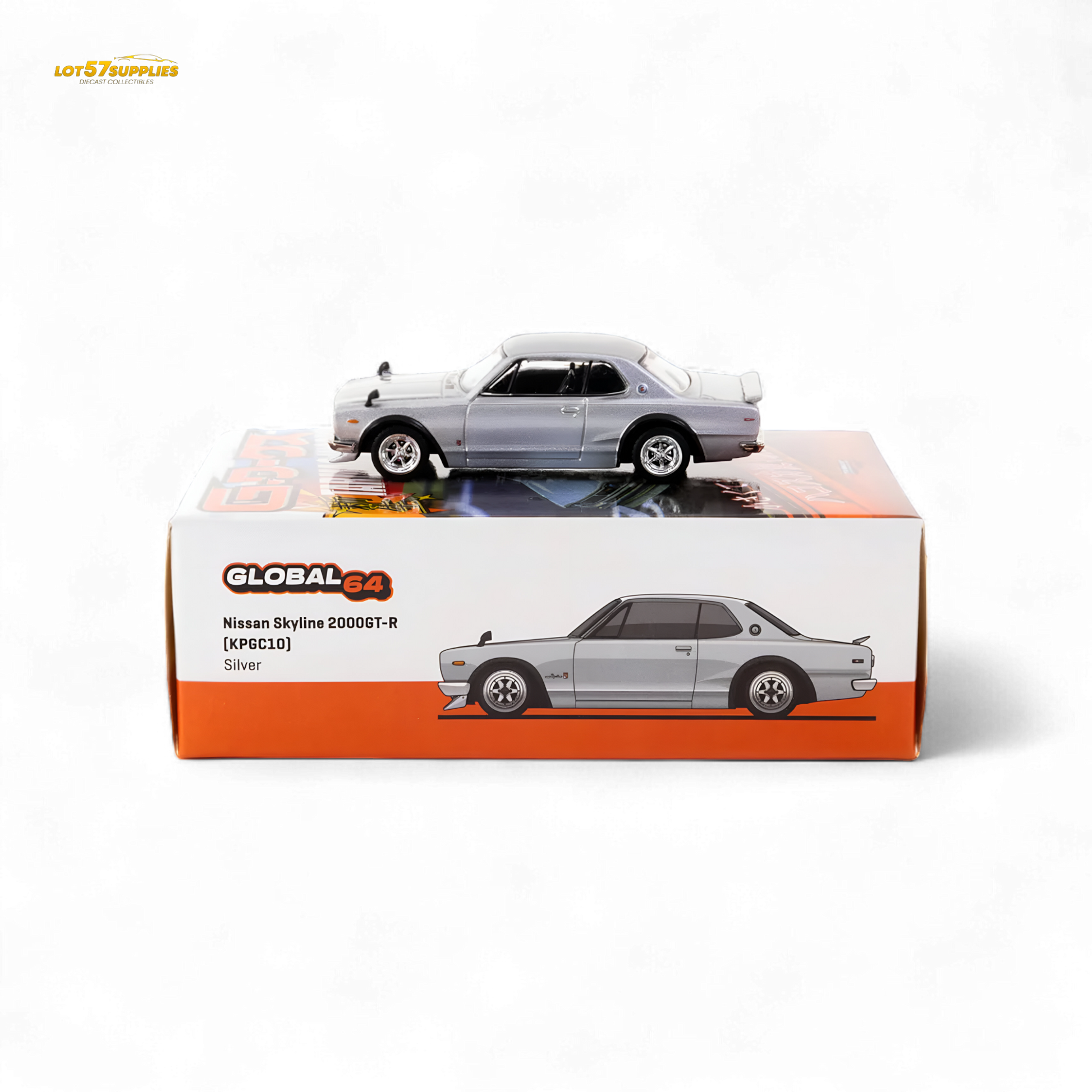 Silver Nissan Skyline 2000 GT-R diecast model by Tarmac Works, 1:64 scale, detailed miniature car for collectors.
