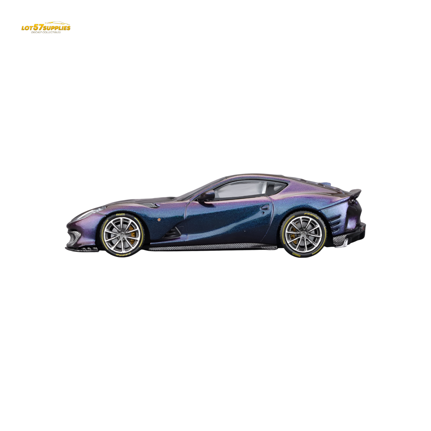 Diecast Ferrari 812C model in chameleon purple by Lot57Supplies, scaled 1:64, detailed miniature car for collectors.