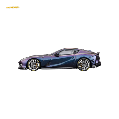 Diecast Ferrari 812C model in chameleon purple by Lot57Supplies, scaled 1:64, detailed miniature car for collectors.