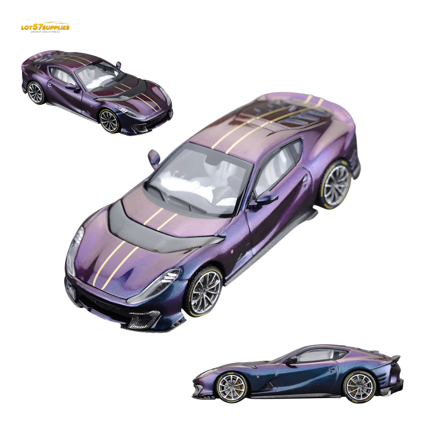 Diecast Ferrari 812C model in chameleon purple by Lot57Supplies, detailed 1:64 scale collectible car.