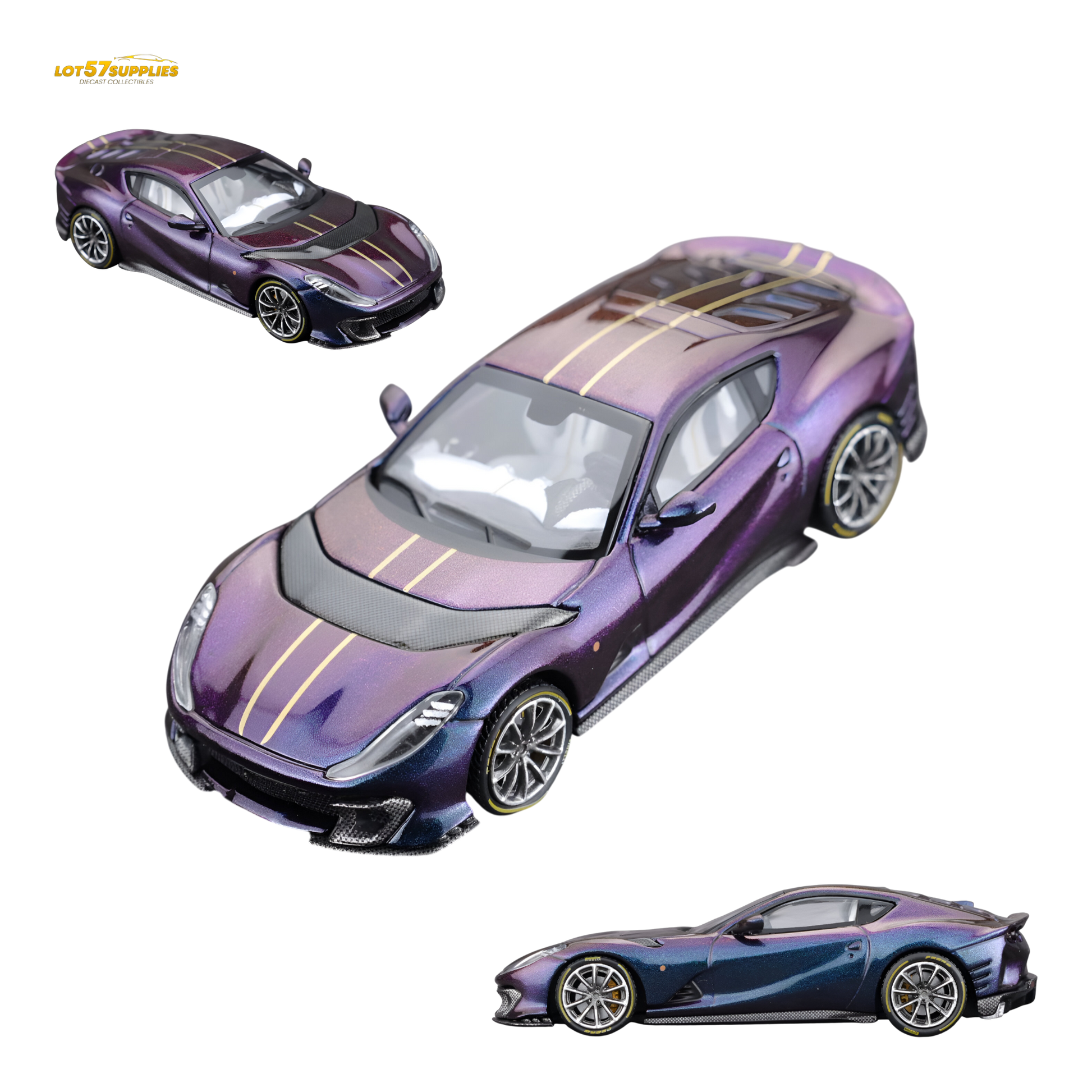 Diecast Ferrari 812C model in chameleon purple by Lot57Supplies, detailed 1:64 scale collectible car.