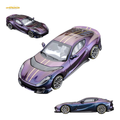 Diecast Ferrari 812C model in chameleon purple by Lot57Supplies, detailed 1:64 scale collectible car.