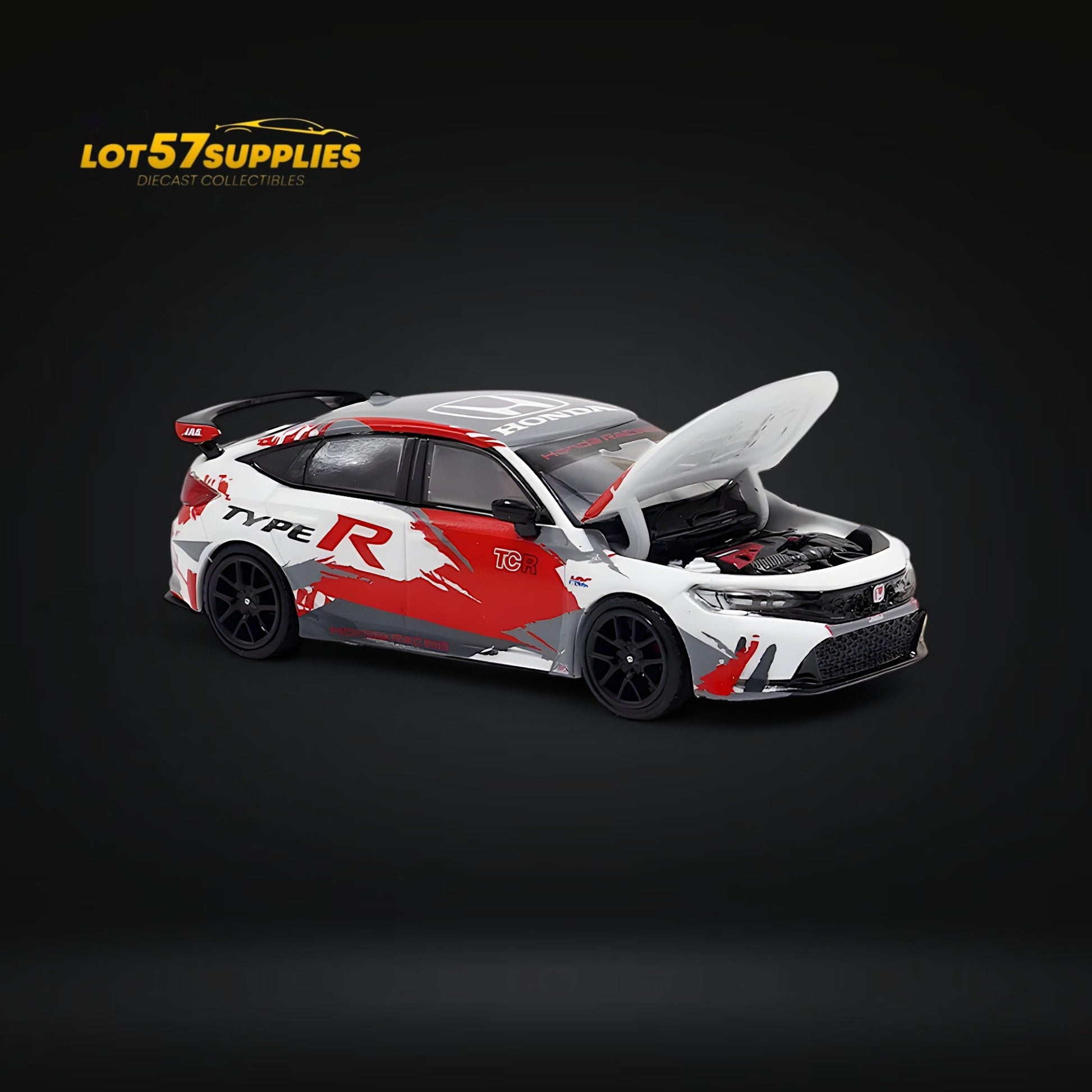 Detail of a 1:64 scale Honda Civic Type R FL5 TRC livery diecast model by Lot57Supplies Diecast Shop, showing red and black racing design.