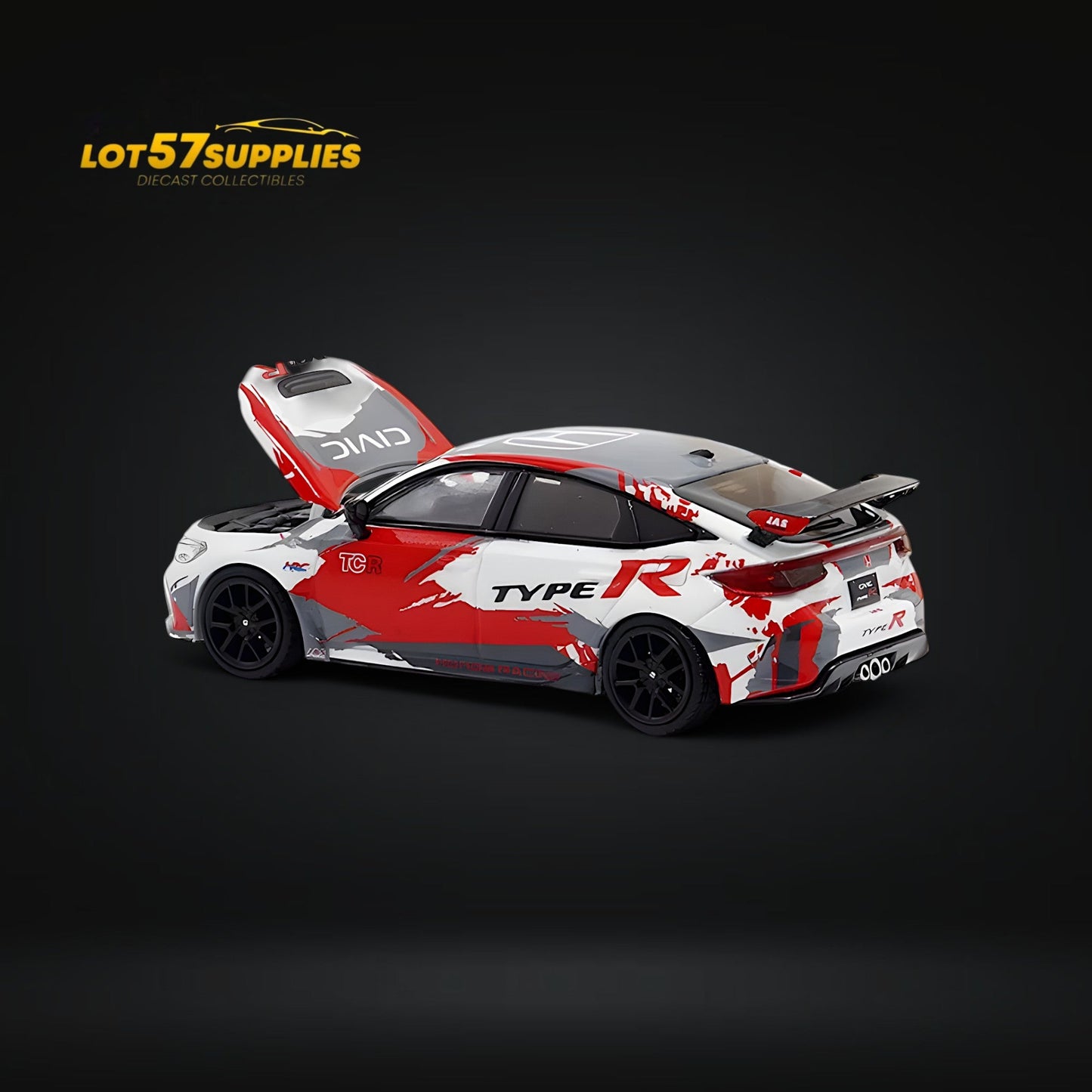 Honda Civic Type R FL5 diecast model in TRC livery by Lot57Supplies, detailed 1:64 scale car with vibrant racing design.