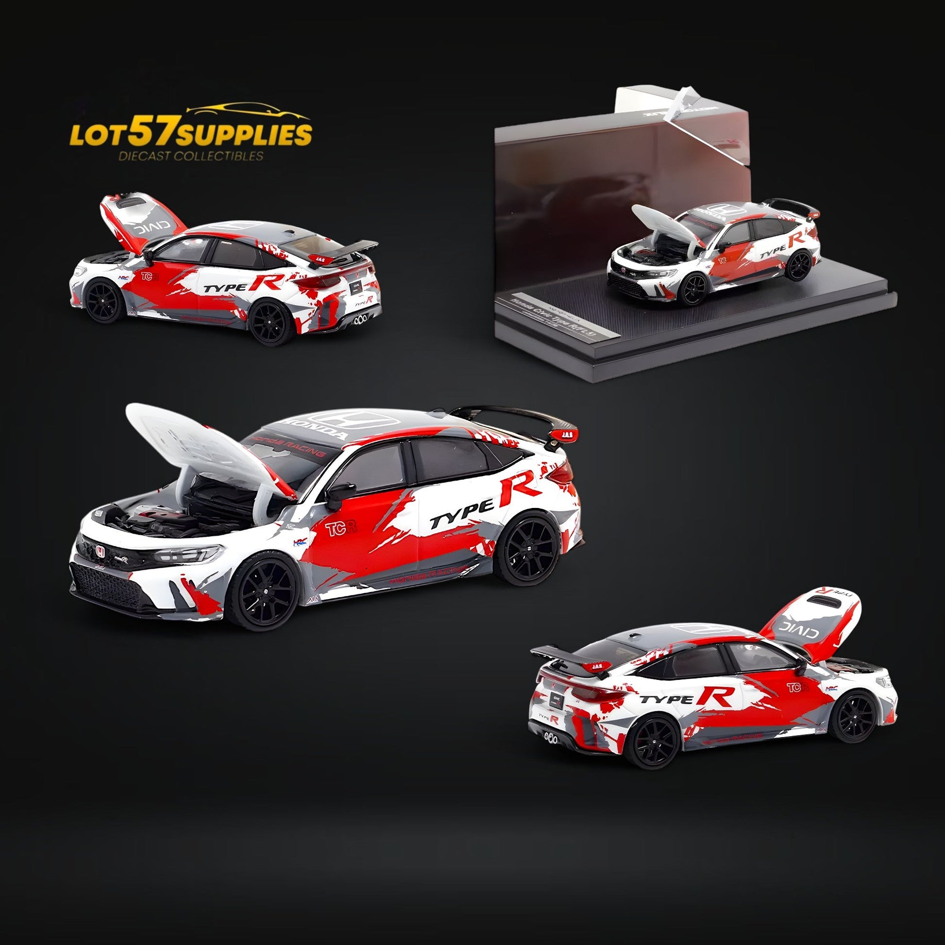 Diecast Honda Civic Type R FL5 TRC Livery model in 1:64 scale by Lot57Supplies, detailed view of the sporty car's exterior.