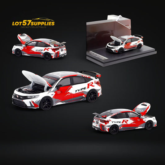 Diecast Honda Civic Type R FL5 TRC Livery model in 1:64 scale by Lot57Supplies, detailed view of the sporty car's exterior.