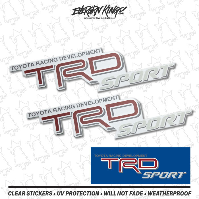 TRD SPORT 3D clear bed decals for Toyota Tacoma, gray, red, and white, by Evergreen Kings, showing detailed vehicle decal design.