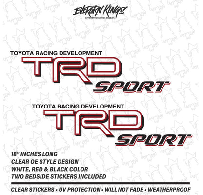 TRD SPORT 3D clear bed decals for 1995-2011 Toyota Tacoma in black, red, and white, designed for vehicle customization.