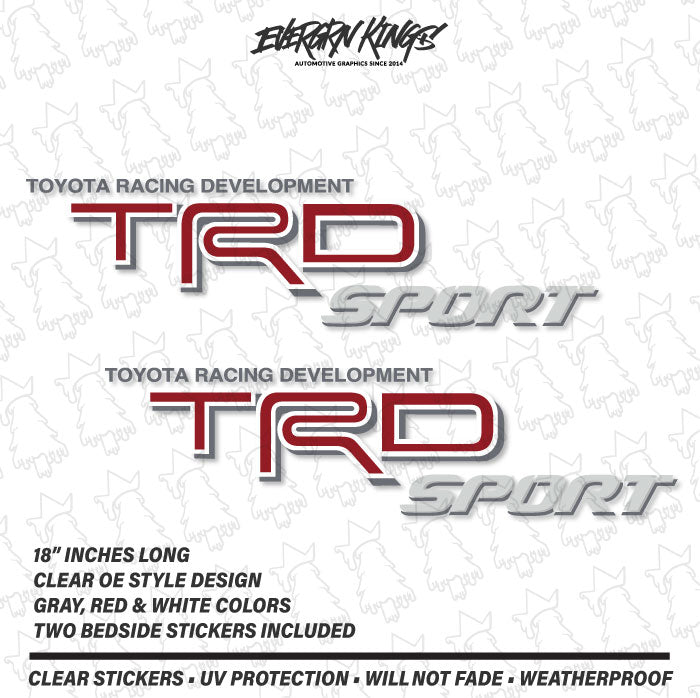 TRD SPORT 3D clear bed-side decal for 95-11 Toyota Tacoma in gray, red, and white by Evergreen Kings.