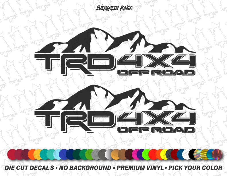 Evergreen Kings TRD 4x4 Off Road mountain decals on vehicle, designed for Tacoma, Tundra, Hilux trucks.