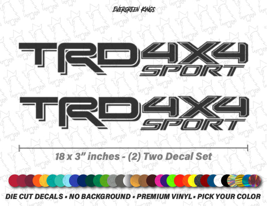 Evergreen Kings TRD 4x4 Sport truck bedside decals set for Tacoma, Tundra, and Hilux vehicles, featuring bold black and red design.