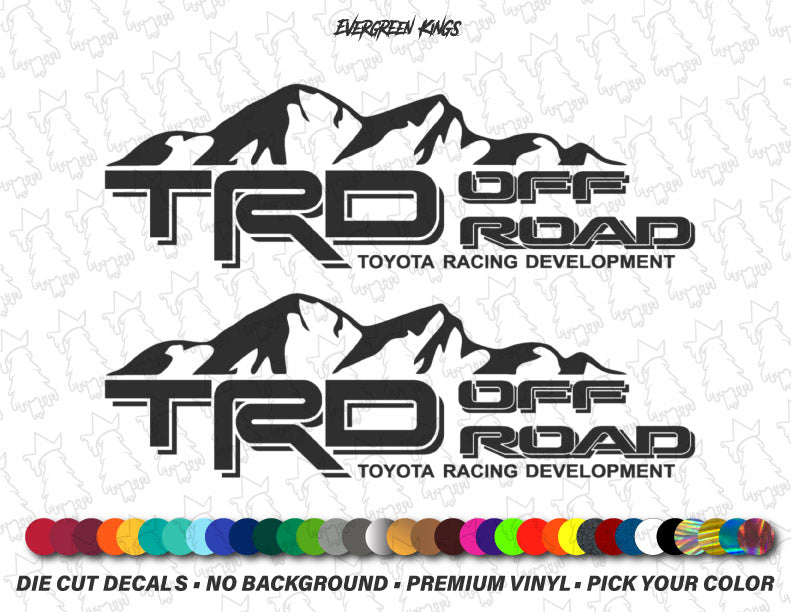 Evergreen Kings TRD Off Road mountain decals for Tacoma, Tundra, Hilux trucks, featuring rugged mountain design on vehicle decals