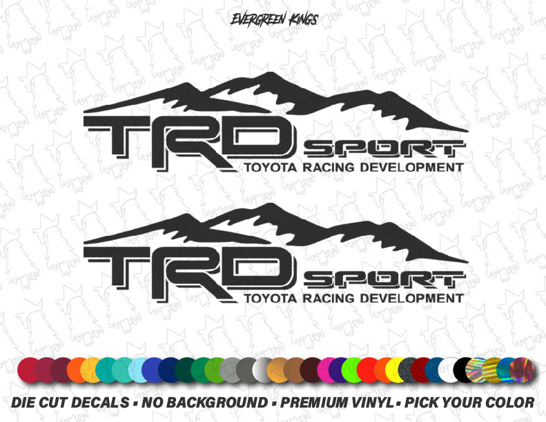 Evergreen Kings TRD Sport mountain decals for Tacoma, Tundra, Hilux trucks, featuring bold black mountain design.