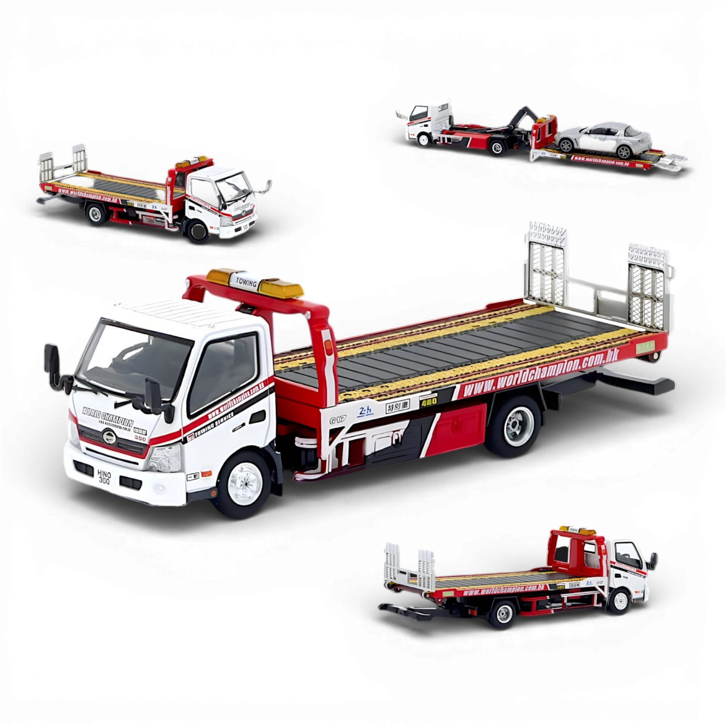 Unique Model Hino 300 Dutro Flatbed Tow Truck World Champion 1:64 - Evergreen Kings