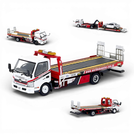 Hino 300 Dutro flatbed tow truck diecast model in 1:64 scale, detailed replica from Lot57Supplies Diecast Shop.