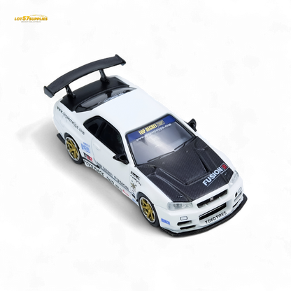 White Inno64 Nissan R34 GT-R diecast model in 1:64 scale, detailed with top secret R34 design elements.