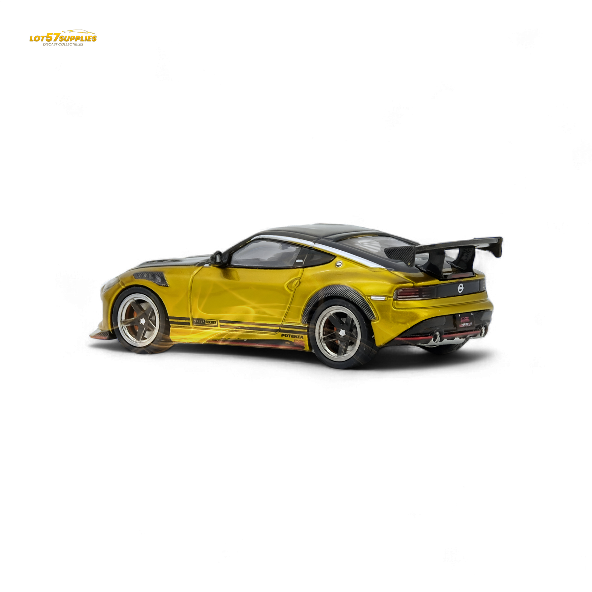 Gold Inno64 Top Secret Fairlady Z RZ34 diecast Nissan model, detailed 1:64 scale car with sleek design and realistic features.