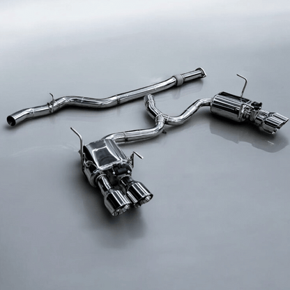 AeroflowDynamics 2022-2025 Subaru WRX AFD F1 valved catback exhaust system installed on a car, showcasing the polished exhaust tips.