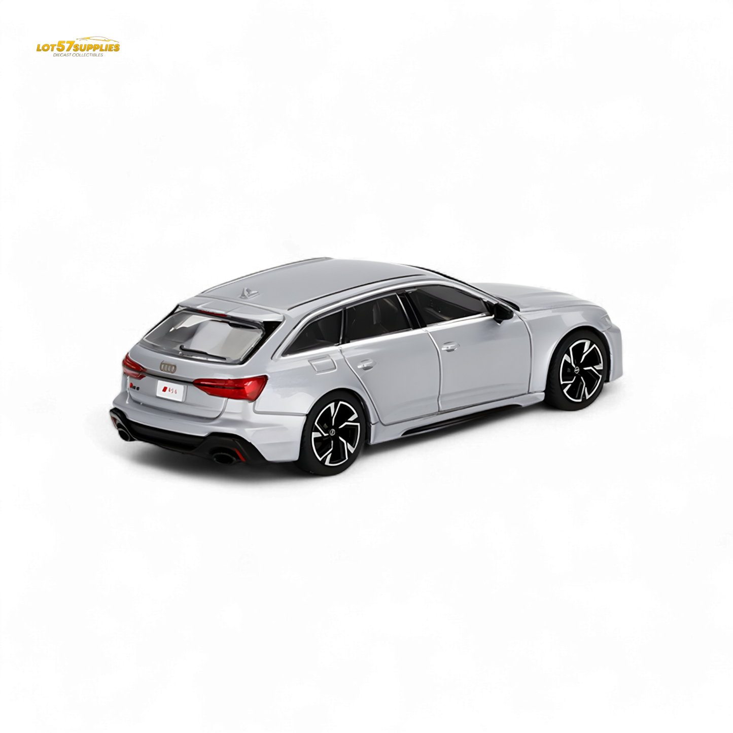 Mini GT Audi RS 6 Avant diecast model in Florett Silver, 1:64 scale, featuring detailed exterior and compact design.