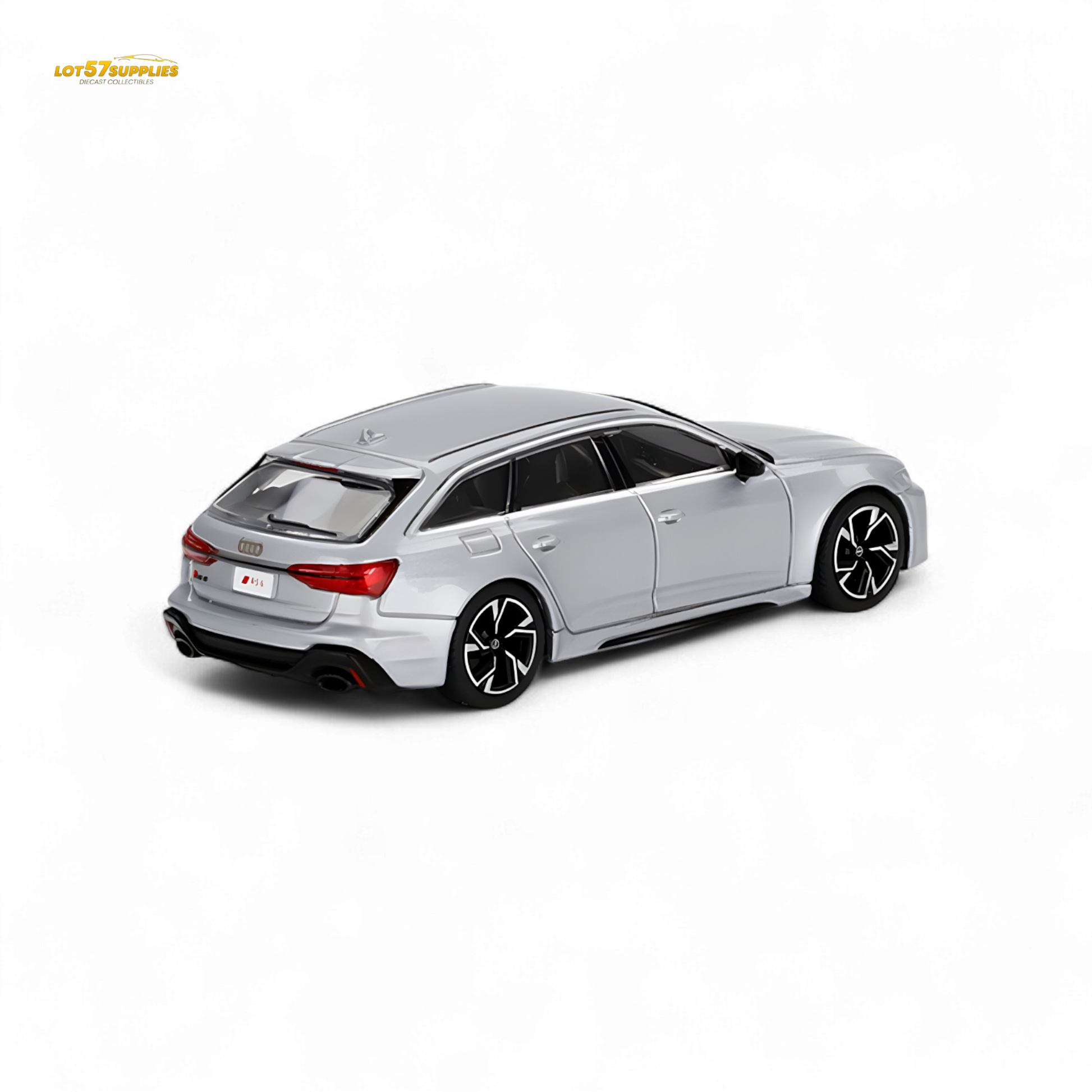 Mini GT Audi RS 6 Avant diecast model in Florett Silver, 1:64 scale, featuring detailed exterior and compact design.