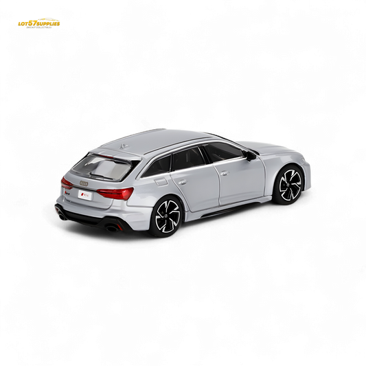 Mini GT Audi RS 6 Avant diecast model in Florett Silver, 1:64 scale, featuring detailed exterior and compact design.