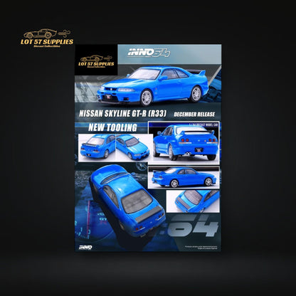 Blue Inno64 Nissan Skyline GT-R R33 diecast model car, detailed 1:64 scale replica, featuring realistic design and branding.