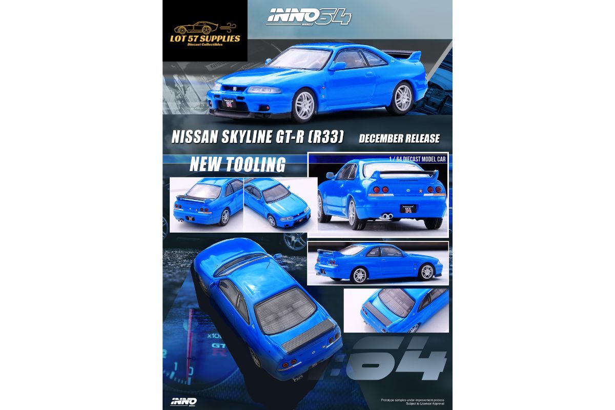 Blue Inno64 Nissan Skyline GT-R R33 diecast model car, detailed 1:64 scale collectible from Lot57Supplies Diecast Shop.
