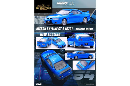 Blue Inno64 Nissan Skyline GT-R R33 diecast model car, detailed 1:64 scale collectible from Lot57Supplies Diecast Shop.