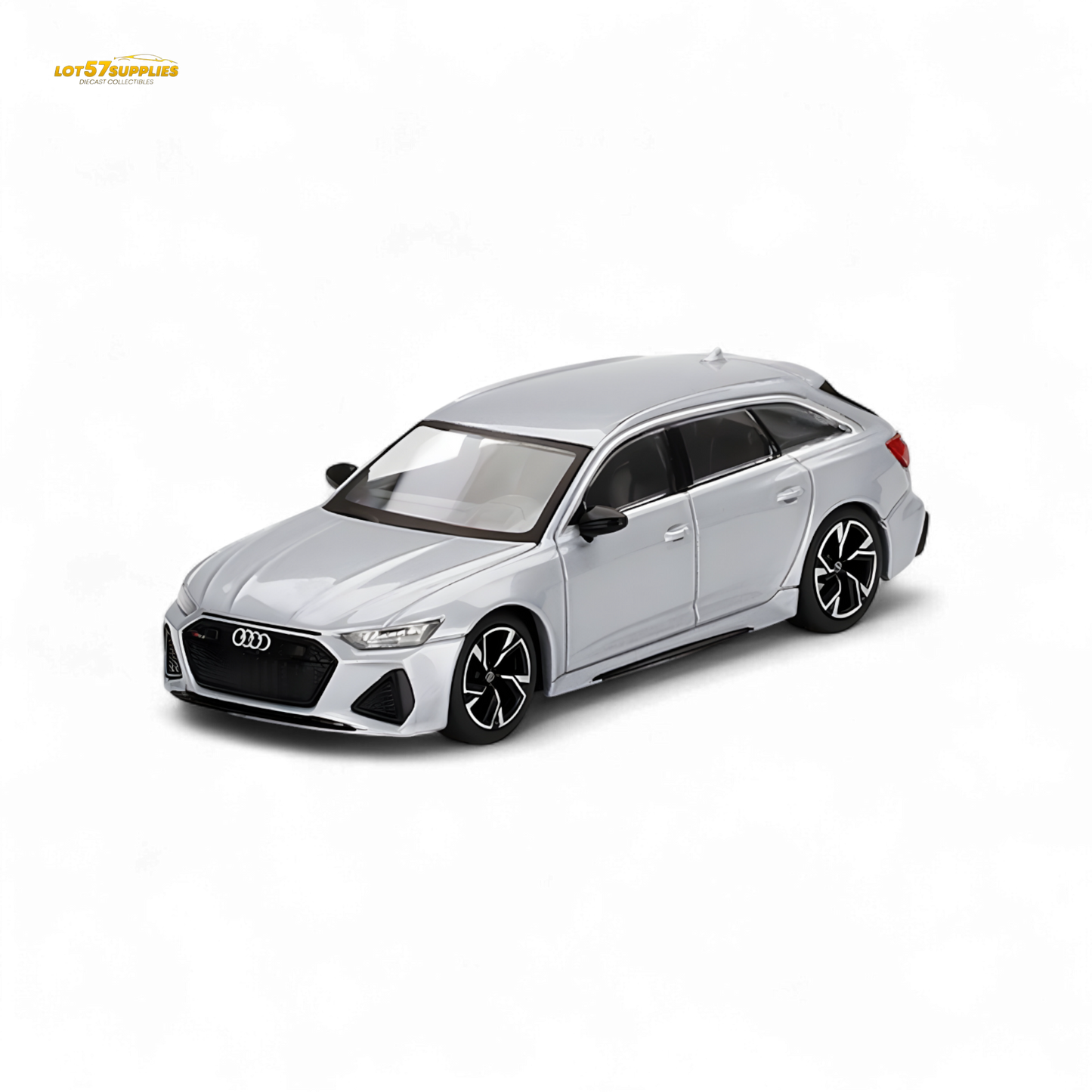 Mini GT Audi RS 6 Avant diecast model in Florett Silver, 1:64 scale, detailed miniature car with realistic design.