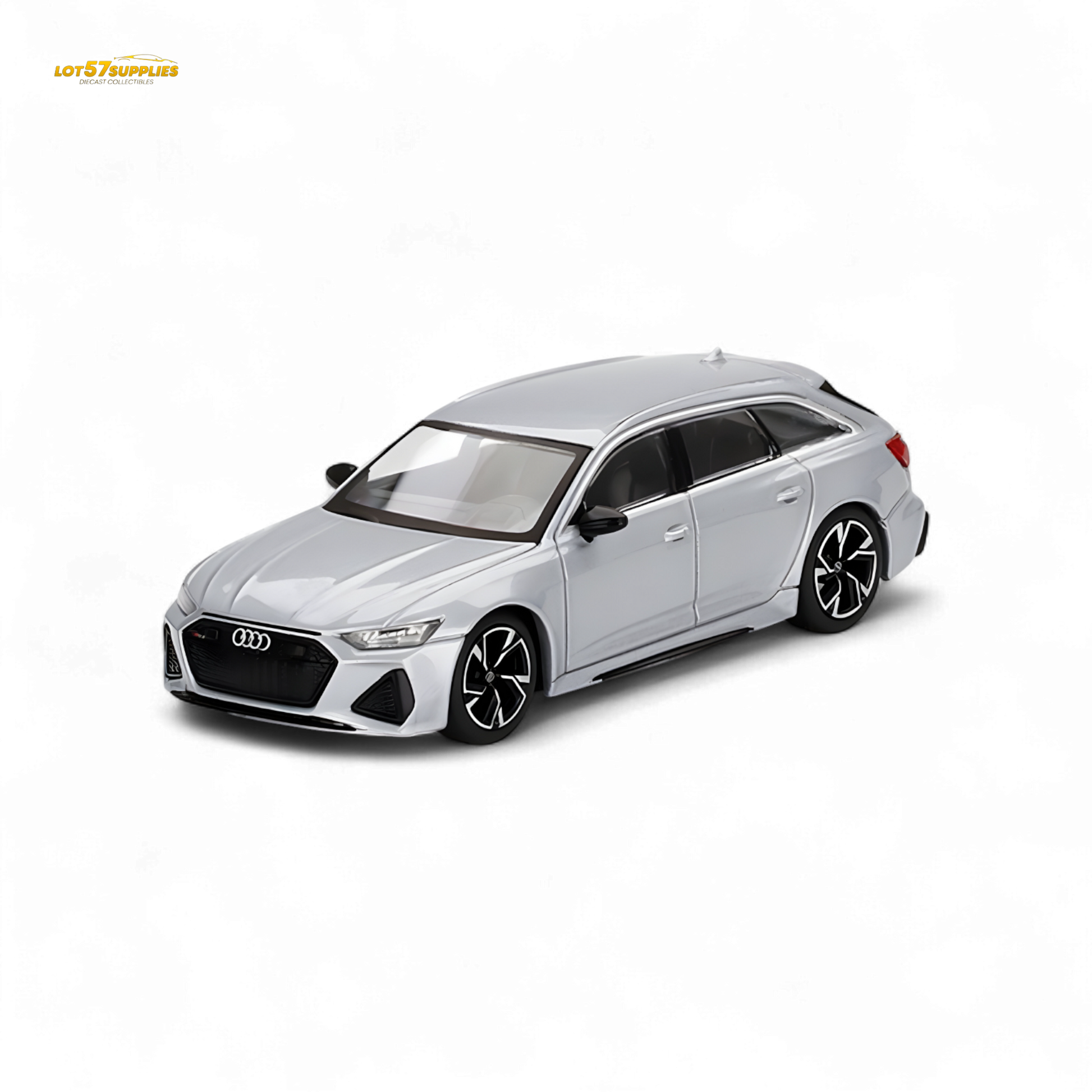 Mini GT Audi RS 6 Avant diecast model in Florett Silver, 1:64 scale, detailed miniature car with realistic design.