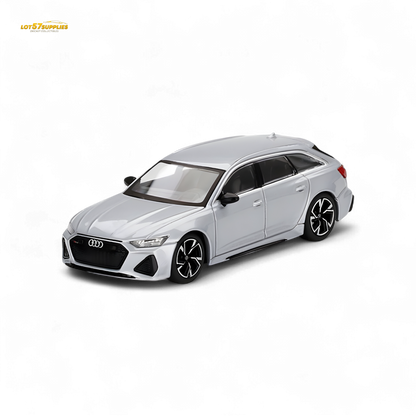 Mini GT Audi RS 6 Avant diecast model in Florett Silver, 1:64 scale, detailed miniature car with realistic design.