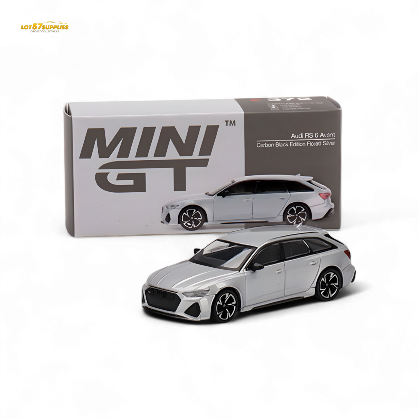 Mini GT Audi RS 6 Avant diecast model in Florett Silver, 1:64 scale, detailed miniature car collectible.