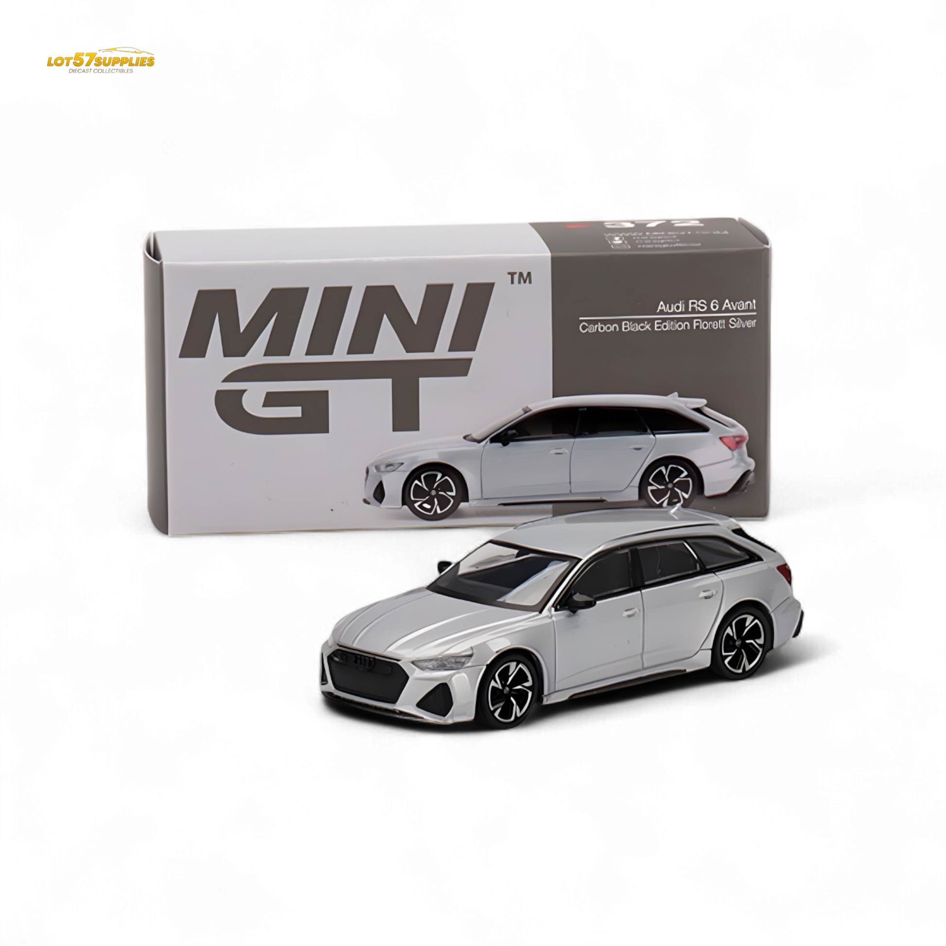 Mini GT Audi RS 6 Avant diecast model in Florett Silver, 1:64 scale, detailed miniature car collectible.