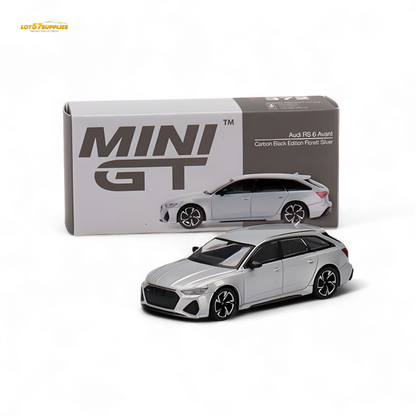 Mini GT Audi RS 6 Avant diecast model in Florett Silver, 1:64 scale, detailed miniature car collectible.